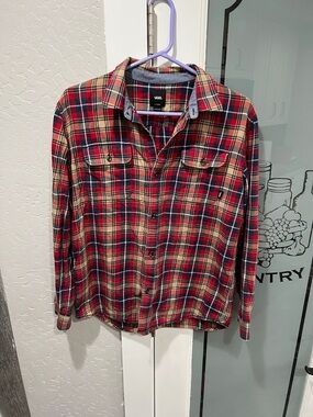 Vans Red and Tan Plaid Button-Up Shirt with Navy Accents